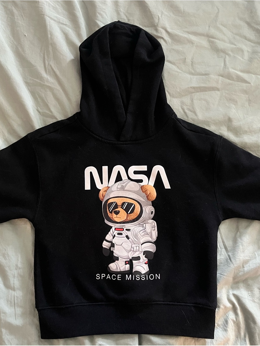 Kids Black Space Mission Hoodie with Bear Graphic